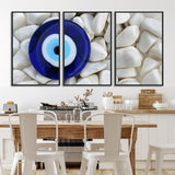48883-MGV-FC-60X30-3P_Black-Evil Eye Wall Art – Deep Blue Symbol of Presence and Calm on White Stones, Subtle Spiritual Decor for Entryway, Studio, Office or
