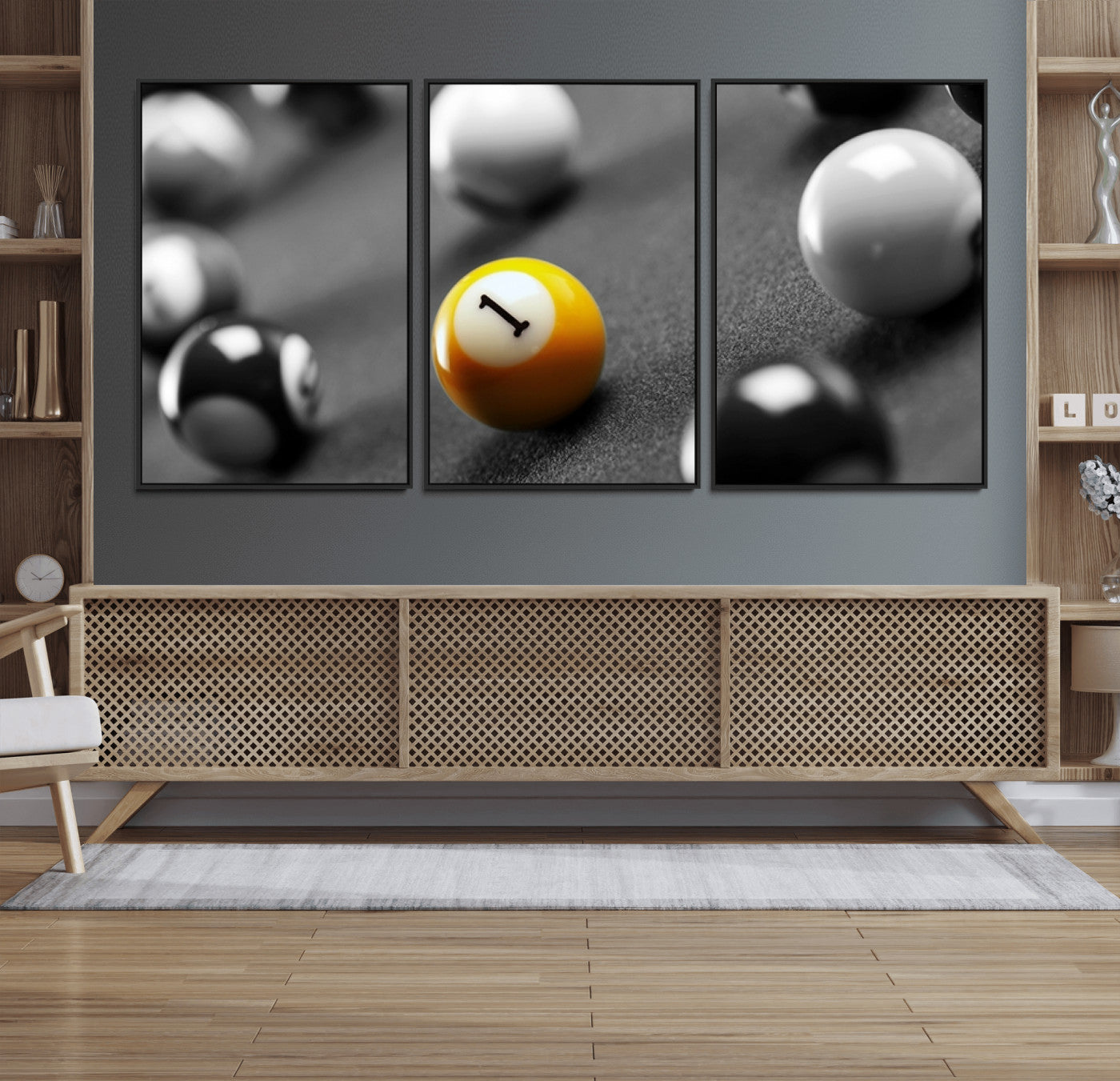 52108-MGV-FC-60X30-3P_Black-Precision Pool Table Wall Art – Close Up Yellow 1 Ball Canvas Print, Hand-Played Billiards Game Decor for Office, Game Room, or