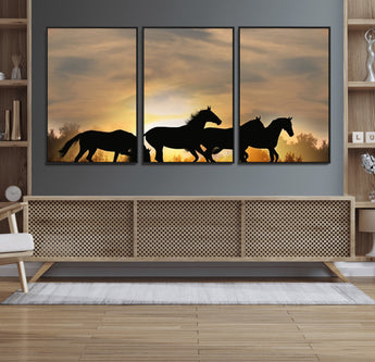 16620-MGV-FC-60X30-3P_Black-Sunset Stallions Wall Art – Silhouetted Horses Running Canvas Print, Nature’s Rhythm, Perfect for Living Room, Office, or Man Cave