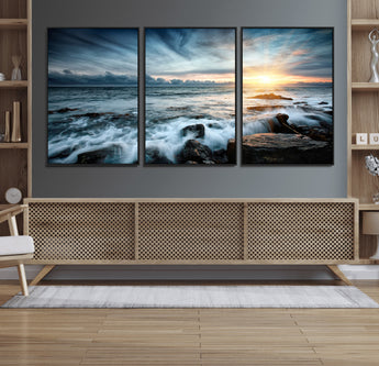 33428-MGV-FC-60X30-3P_Black-Ocean Sunrise Wall Art – Serene Seascape Canvas Print, Coastal Home or Office Decor, Perfect for Living Room, Bedroom, or Study