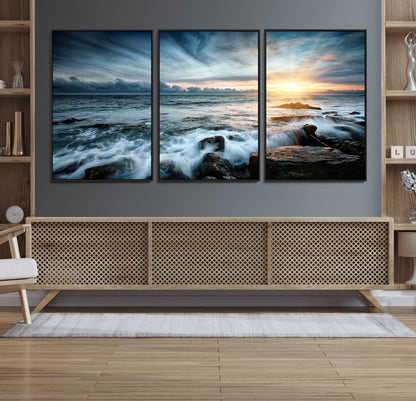 33428-MGV-FC-60X30-3P_Black-Ocean Sunrise Wall Art – Serene Seascape Canvas Print, Coastal Home or Office Decor, Perfect for Living Room, Bedroom, or Study