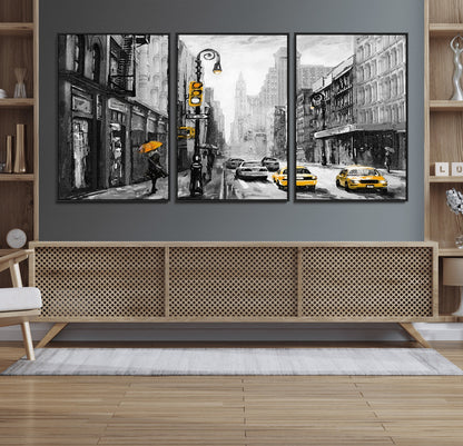 32362-MGV-FC-60X30-3P_Black-NYC Street Wall Art – Black and White Cityscape with Yellow Taxis and Umbrella Canvas Print, Urban Home Decor for Living Room or