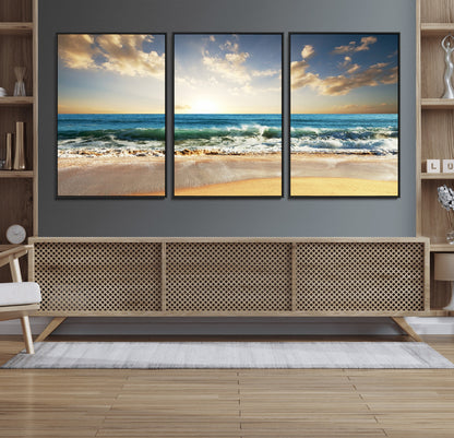 13139-MGV-FC-60X30-3P_Black-Sunrise Beach Wall Art – Ocean Waves and Golden Sand Canvas Print, Coastal Home Decor for Living Room, Bedroom, or Office