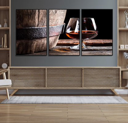 50839-MGV-FC-60X30-3P_Black-Barrel & Brandy Wall Art – Rustic Whiskey Barrel and Brandy Glass Canvas Print, Elegant Home Bar or Lounge Decor for Office, Man