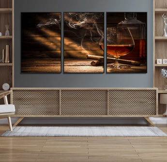 92305-MGV-FC-60X30-3P_Black-Whiskey & Cigar Wall Art – Moody Whiskey and Cigar Canvas Print, Sophisticated Bar or Home Lounge Decor for Office, Man Cave or