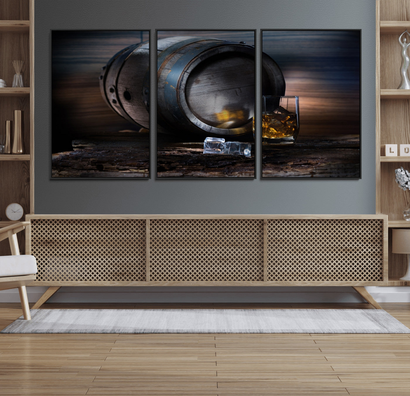78049-MGV-FC-60X30-3P_Black-Whiskey Barrel Wall Art – Rustic Whiskey Barrel and Glass with Ice Canvas Print, Classic Bar or Lounge Decor for Home, Office, or