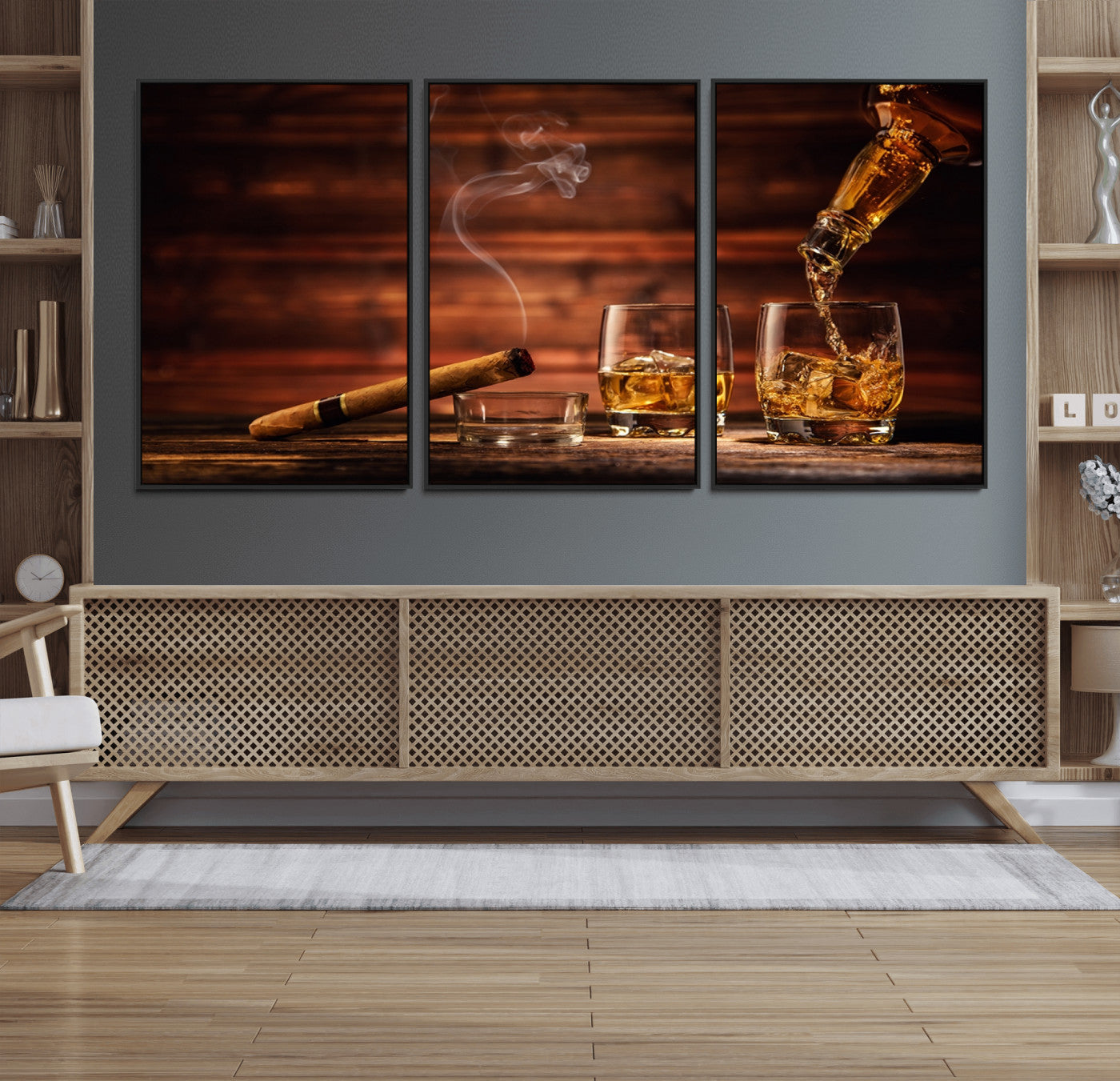 91042-MGV-CV-36X24-Whiskey & Cigar Wall Art – Elegant Whiskey Pour and Smoldering Cigar Canvas Print, Sophisticated Bar or Lounge Decor for Home,