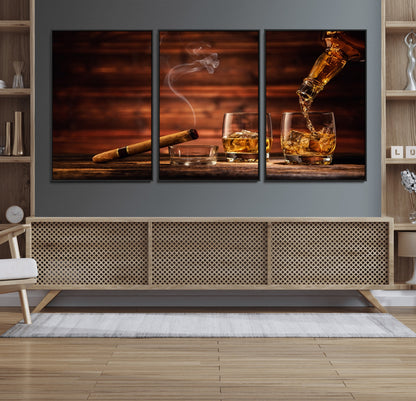 91042-MGV-CV-36X24-Whiskey & Cigar Wall Art – Elegant Whiskey Pour and Smoldering Cigar Canvas Print, Sophisticated Bar or Lounge Decor for Home,