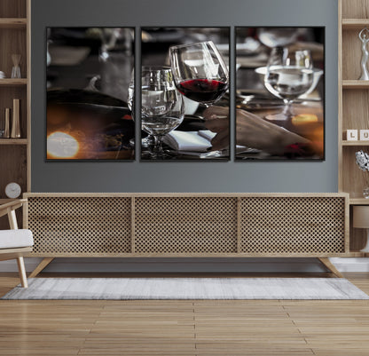75513-MGV-FC-60X30-3P_Black-Elegant Wine Toast Wall Art – Close-Up Red Wine Glass at Dinner Table Canvas Print, Sophisticated Dining Room or Bar Decor