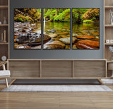 98096-MGV-FC-60X30-3P_Black-Serene River Waterfall Nature Photo – Calm Clear Water, Vibrant Green Forest and Smooth Stones Landscape Wall Art for Home or