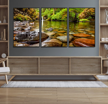 98096-MGV-FC-60X30-3P_Black-Serene River Waterfall Nature Photo – Calm Clear Water, Vibrant Green Forest and Smooth Stones Landscape Wall Art for Home or