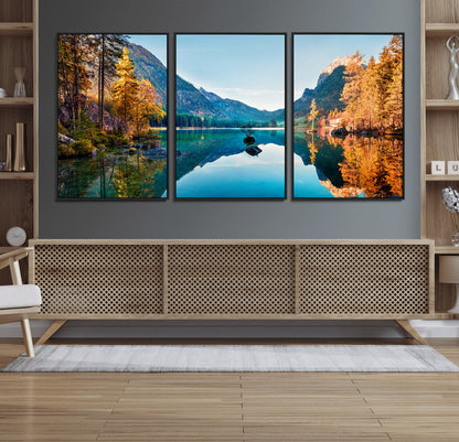 32962-MGV-FC-60X30-3P_Black-Mountain Lake Wall Art – Tranquil Autumn Landscape Canvas Print, Nature Reflection Decor for Living Room, Bedroom, Office or Cabin