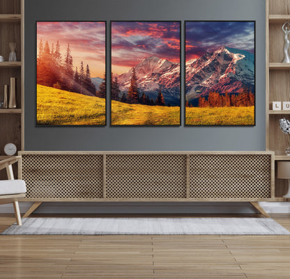 83947-MGV-CV-36X24-Sunset Mountain Landscape Wall Art – Panoramic Alpine Meadow and Snow Capped Peaks Canvas Print, Nature Scenic Decor for Home,