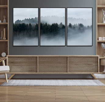 42596-MGV-FC-60X30-3P_Black-Misty Forest Wall Art – Atmospheric Pine Trees Canvas Print, Nature Landscape Decor for Living Room, Bedroom, Office, or Cabin