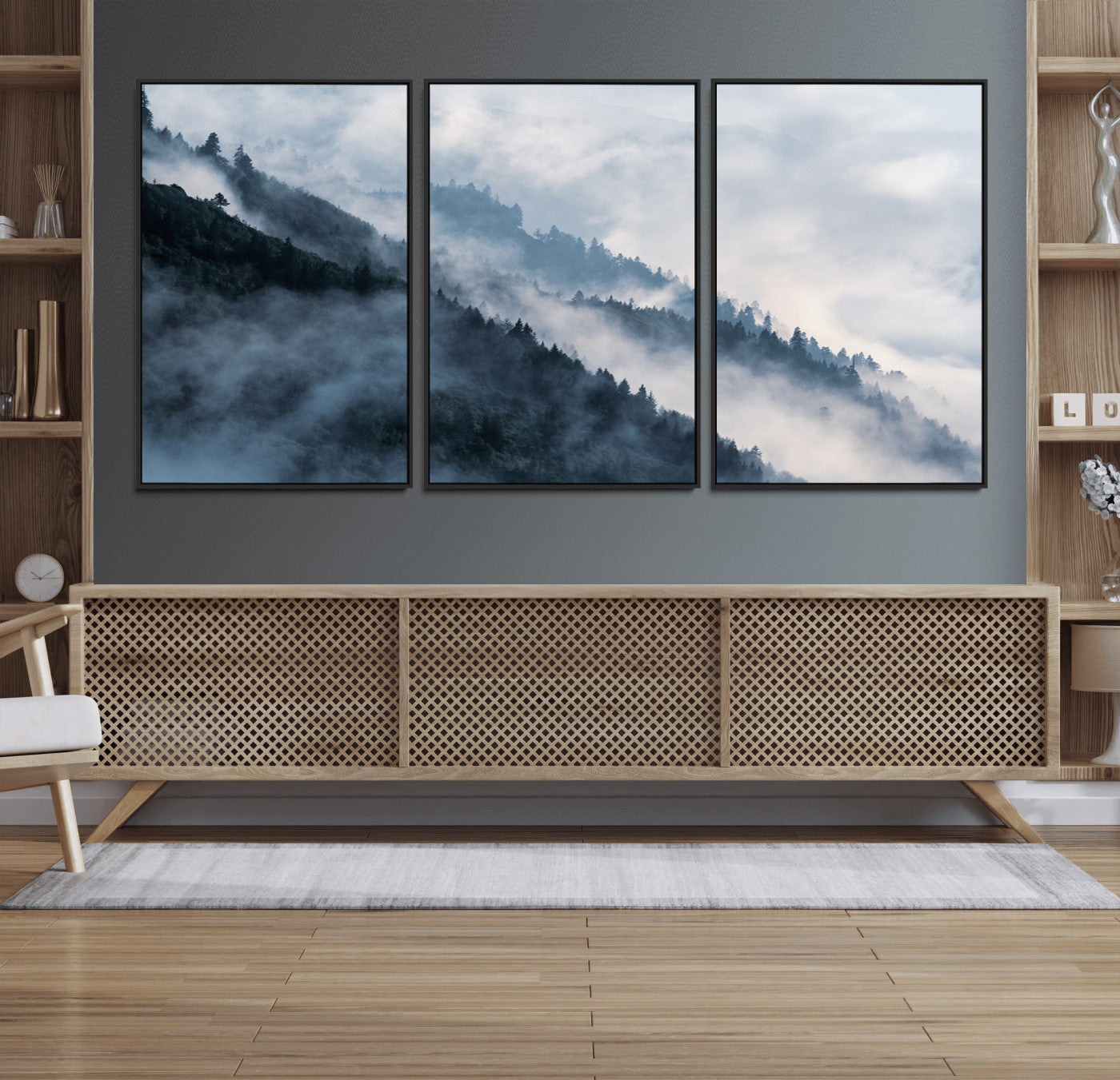 85737-MGV-FC-60X30-3P_Black-Misty Mountain Wall Art – Atmospheric Pine Forest Canvas Print with Fog and Mist, Calm Nature Decor for Living Room, Bedroom,