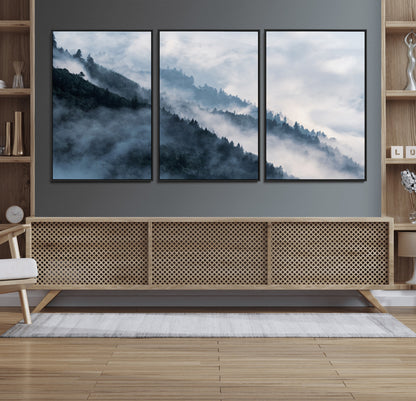 85737-MGV-FC-60X30-3P_Black-Misty Mountain Wall Art – Atmospheric Pine Forest Canvas Print with Fog and Mist, Calm Nature Decor for Living Room, Bedroom,