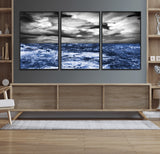 36012-MGV-FC-60X30-3P_Black-Dramatic Stormy Ocean Waves Black and White with Deep Blue Highlights – Moody Seascape Wall Art, Nature Photography Print for Home