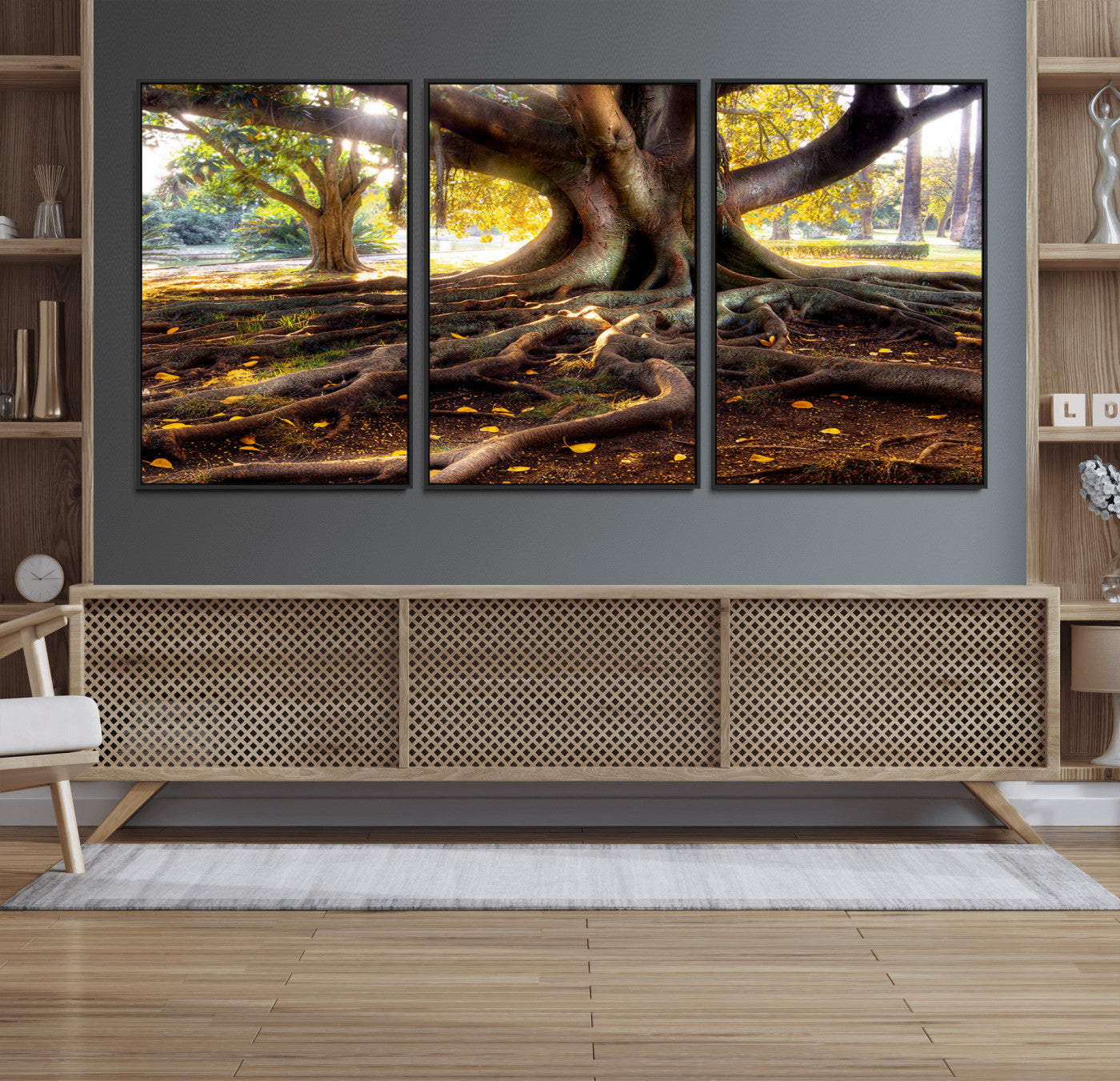 53335-MGV-FC-60X30-3P_Black-Majestic Tree with Sprawling Roots Wall Art – Serene Sunlit Park Scene, Nature Canvas Print, Perfect for Living Room, Office or