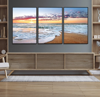 39560-MGV-CV-36X24-Sunrise Beach Wall Art – Vibrant Ocean Waves and Golden Sand Canvas Print, Seaside Coastal Decor for Living Room, Bedroom or