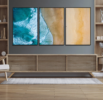 46640-MGV-FC-60X30-3P_Black-Aerial Beach Wall Art – Turquoise Waves and Golden Sand Canvas Print with Lone Surfer, Coastal Ocean Decor for Living Room,