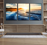 86173-MGV-FC-60X30-3P_Black-Golden Sunset Beach Wall Art – Reflective Ocean Canvas Print with Mountains and Waves, Coastal Nature Decor for Living Room,