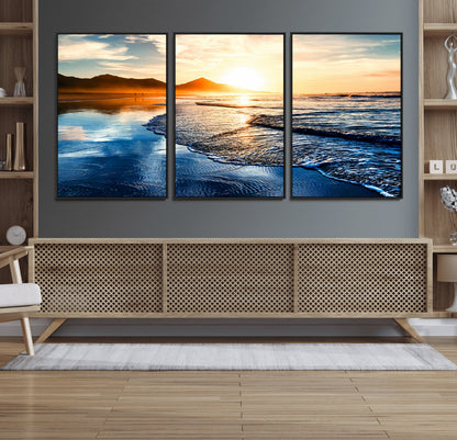 86173-MGV-FC-60X30-3P_Black-Golden Sunset Beach Wall Art – Reflective Ocean Canvas Print with Mountains and Waves, Coastal Nature Decor for Living Room,