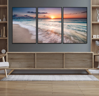 71849-MGV-FC-60X30-3P_Black-Sunrise Ocean Beach Wall Art – Serene Seascape Canvas Print with Gentle Waves, Coastal Nature Decor for Bedroom, Living Room or