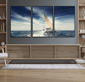 75430-MGV-FC-60X30-3P_Black-Sailing Boat Wall Art – Dynamic Ocean Yacht Canvas Print, Nautical Decor for Living Room, Office, Beach House or Cabin