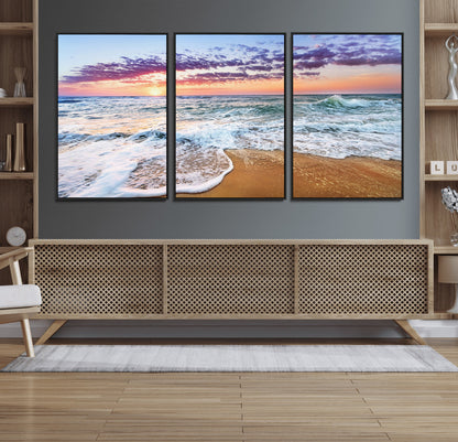 53006-MGV-FC-60X30-3P_Black-Ocean Beach Sunset Wall Art – Vibrant Seascape Canvas Print, Coastal Home Decor for Living Room, Bedroom, Office or Beach House