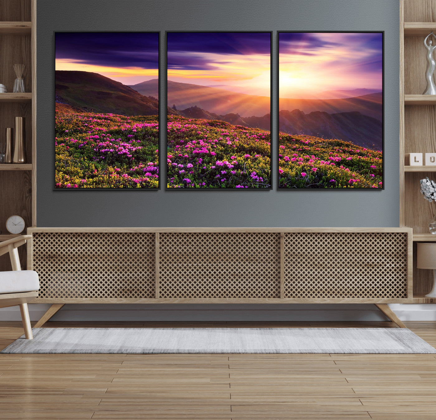 49741-MGV-FC-60X30-3P_Black-Mountain Sunrise Wall Art – Vibrant Floral Landscape Canvas Print, Nature Home Decor for Living Room, Bedroom Office or Cabin