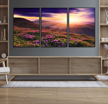 49741-MGV-FC-60X30-3P_Black-Mountain Sunrise Wall Art – Vibrant Floral Landscape Canvas Print, Nature Home Decor for Living Room, Bedroom Office or Cabin