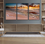 38302-MGV-FC-60X30-3P_Black-Sunset Beach Wall Art – Stunning Ocean Waves and Rock Canvas Print, Warm Coastal Decor for Living Room, Bedroom, Office or Beach