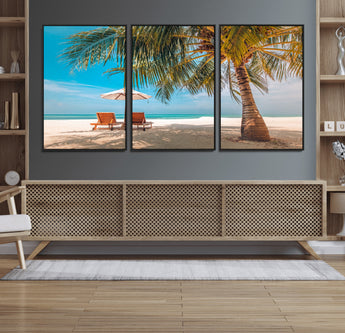 69754-MGV-FC-60X30-3P_Black-Tropical Beach Wall Art – Relaxing Palm Tree and Lounge Chairs Canvas Print, Serene Coastal Decor for Living Room, Bedroom, Office
