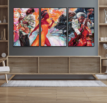 24452-MGV-FC-60X30-3P_Black-Vibrant Jazz Musician Painting - Expressive Art Print of Live Jazz Band, Perfect Wall Decor for Music Lovers and Art Enthusiasts