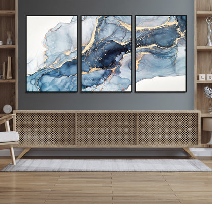 33782-MGV-FC-60X30-3P_Black-Abstract Marble Wall Art – Blue & Gold Fluid Painting Canvas Print, Modern Home Decor for Living Room, Bedroom or Office