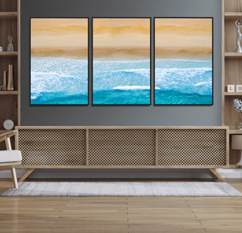 43046-MGV-FC-60X30-3P_Black-Aerial Beach Wall Art – Serene Ocean Waves & Sandy Shore Canvas Print, Coastal Home Decor for Living Room, Bedroom or Office