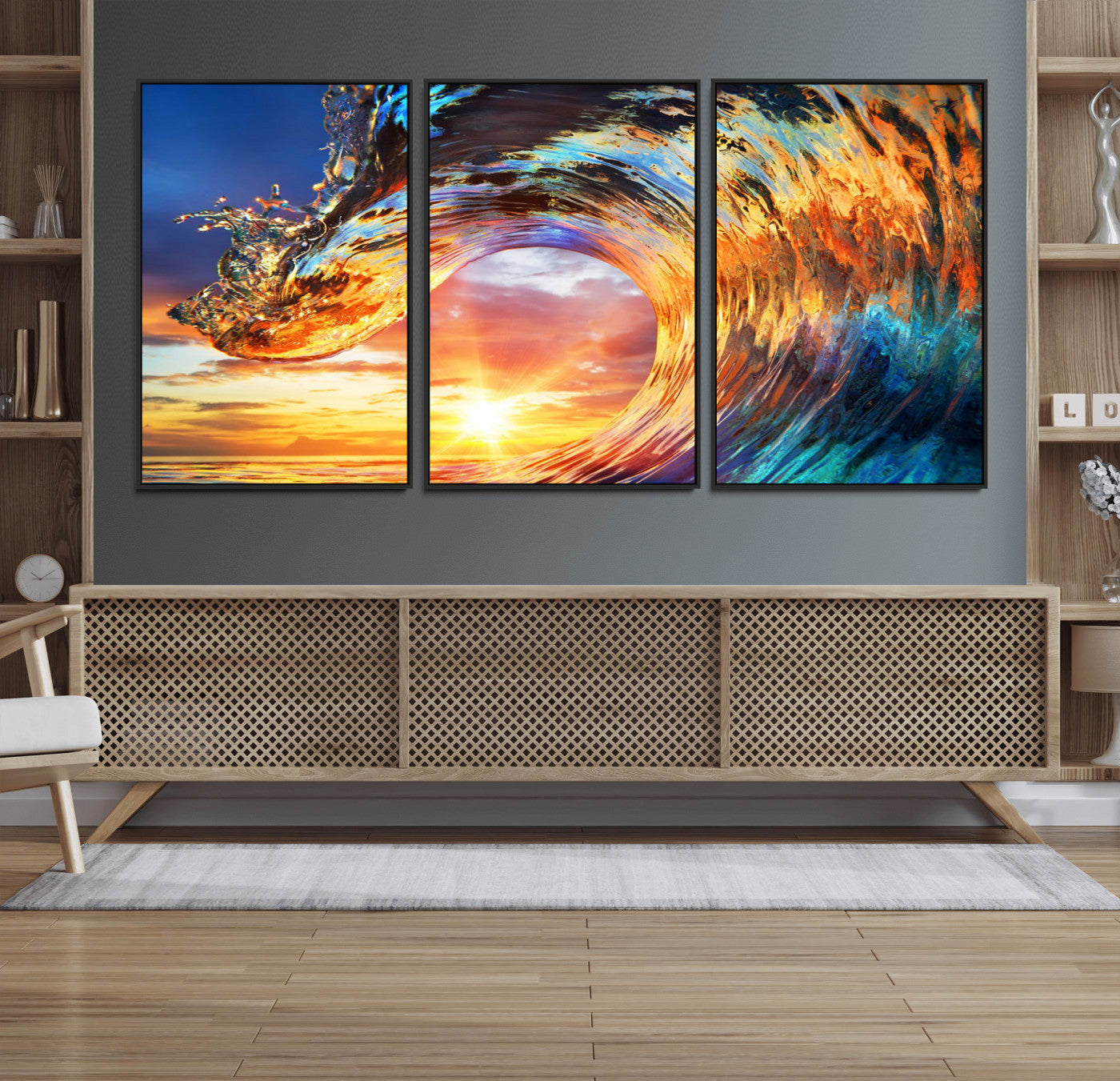 52890-MGV-FC-60X30-3P_Black-Surfing Wave Wall Art Canvas Print, Framed Sunset Ocean Art Picture Print, Ocean Wave Perfect Nautical Decor Artwork