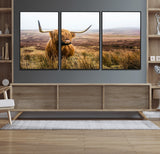 79391-MGV-FC-60X30-3P_Black-Majestic Highland Cow in Misty Scottish Moorland – Rustic Natural Charm, Perfect for Unique Home or Office Decor