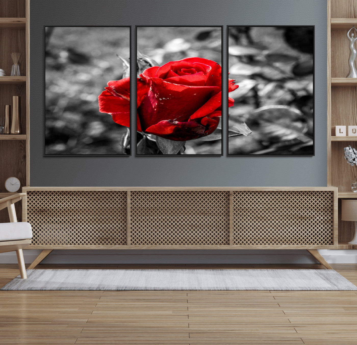 84671-MGV-FC-60X30-3P_Black-Red Rose Wall Art – Vibrant Single Bloom Canvas Print with Black and White Background, Elegant Floral Decor for Living Room,