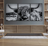 97372-MGV-FC-60X30-3P_Black-Elegant Highland Cow Wall Art – Black and White Canvas Print, Rustic Nature Decor for Home, Office, Living Room or Man Cave