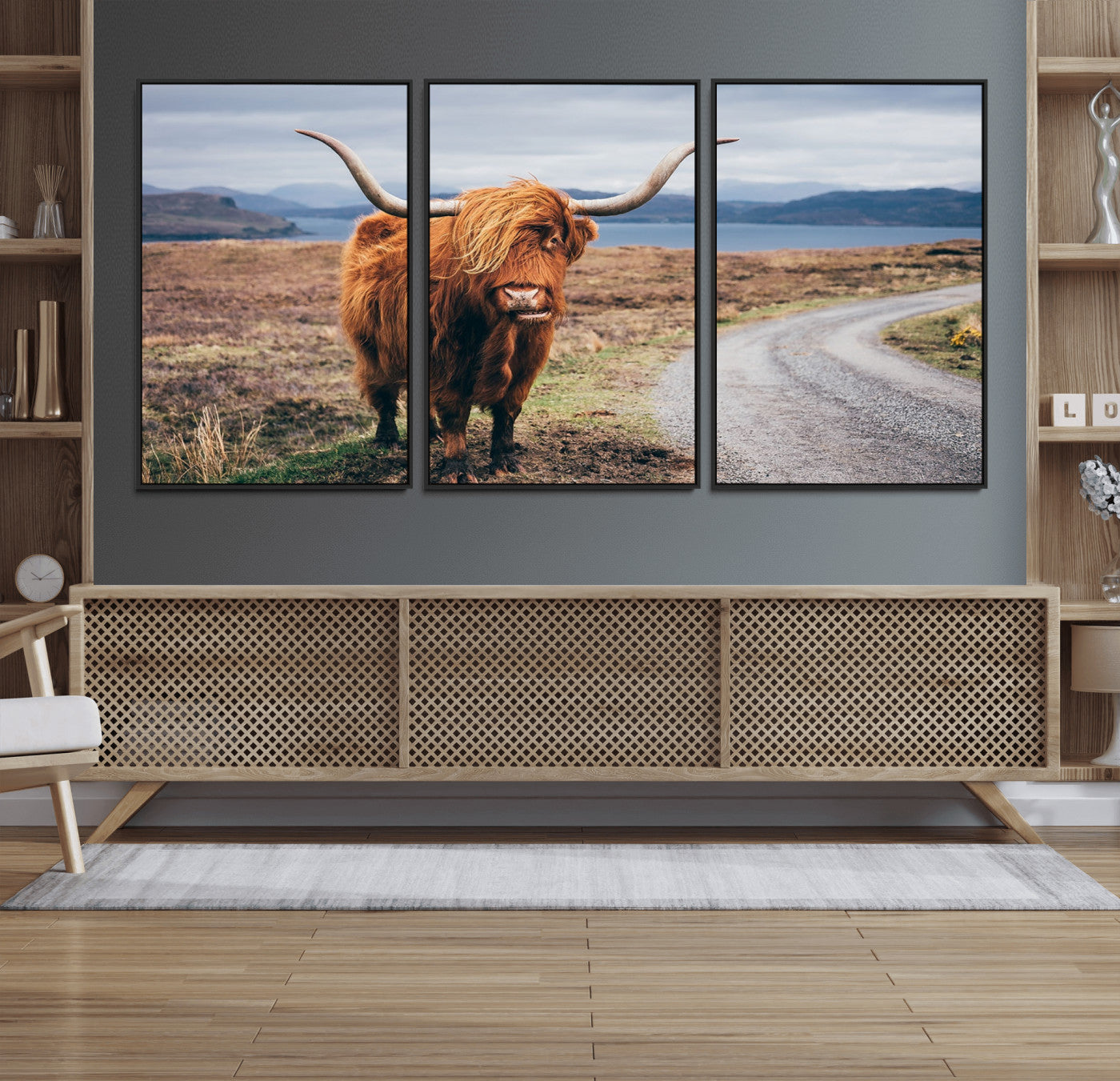 56121-MGV-FC-60X30-3P_Black-Rustic Highland Cow Wall Art – Panoramic Nature Canvas Print, Perfect Decor for Home, Office, Living Room or Man Cave