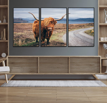 56121-MGV-FC-60X30-3P_Black-Rustic Highland Cow Wall Art – Panoramic Nature Canvas Print, Perfect Decor for Home, Office, Living Room or Man Cave