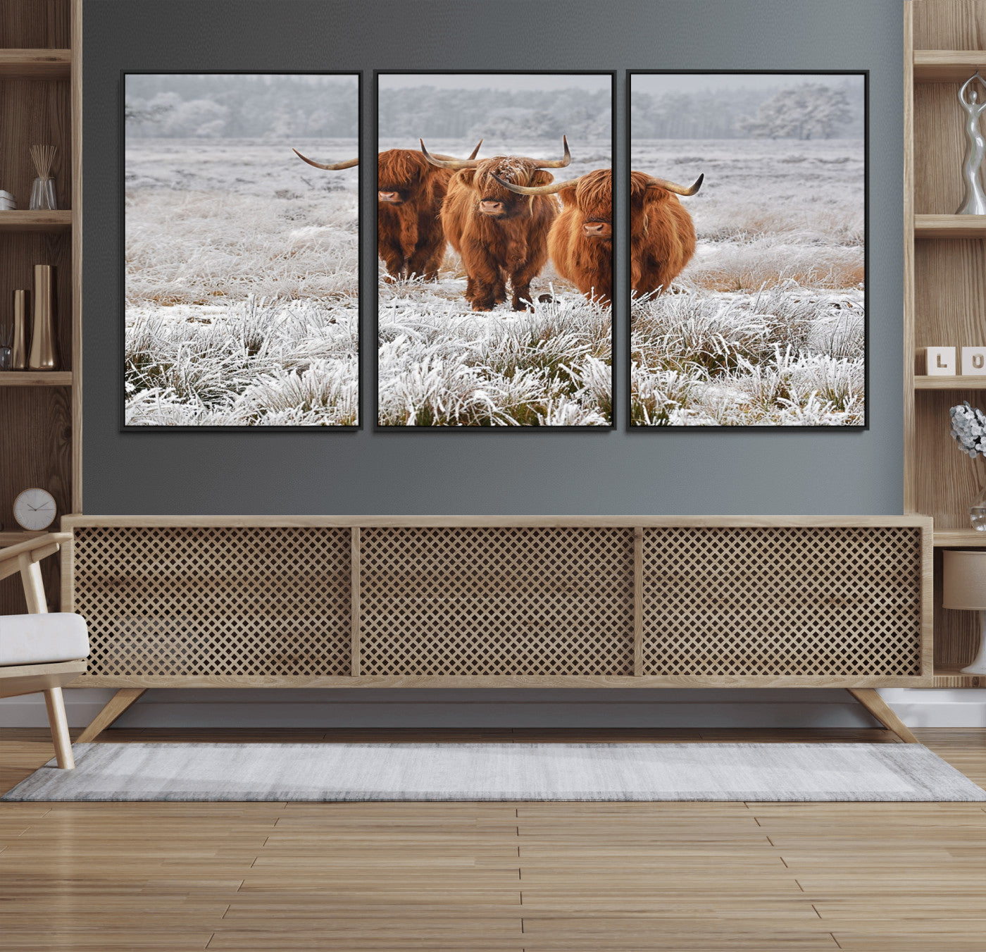 10396-MGV-FC-60X30-3P_Black-Highland Cattle Wall Art – Rustic Winter Landscape Canvas Print, Farmhouse Decor for Living Room, Office, Cabin or Country Home