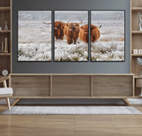 10396-MGV-FC-60X30-3P_Black-Highland Cattle Wall Art – Rustic Winter Landscape Canvas Print, Farmhouse Decor for Living Room, Office, Cabin or Country Home