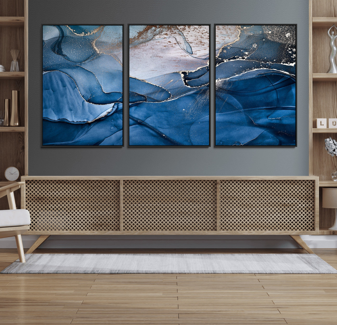 27810-MGV-FC-60X30-3P_Black-Abstract Blue Gold Fluid Art Wall – Modern Canvas Print, Elegant Home & Office Wall Art, Stylish Living Room or Bedroom Decor