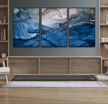 27810-MGV-FC-60X30-3P_Black-Abstract Blue Gold Fluid Art Wall – Modern Canvas Print, Elegant Home & Office Wall Art, Stylish Living Room or Bedroom Decor