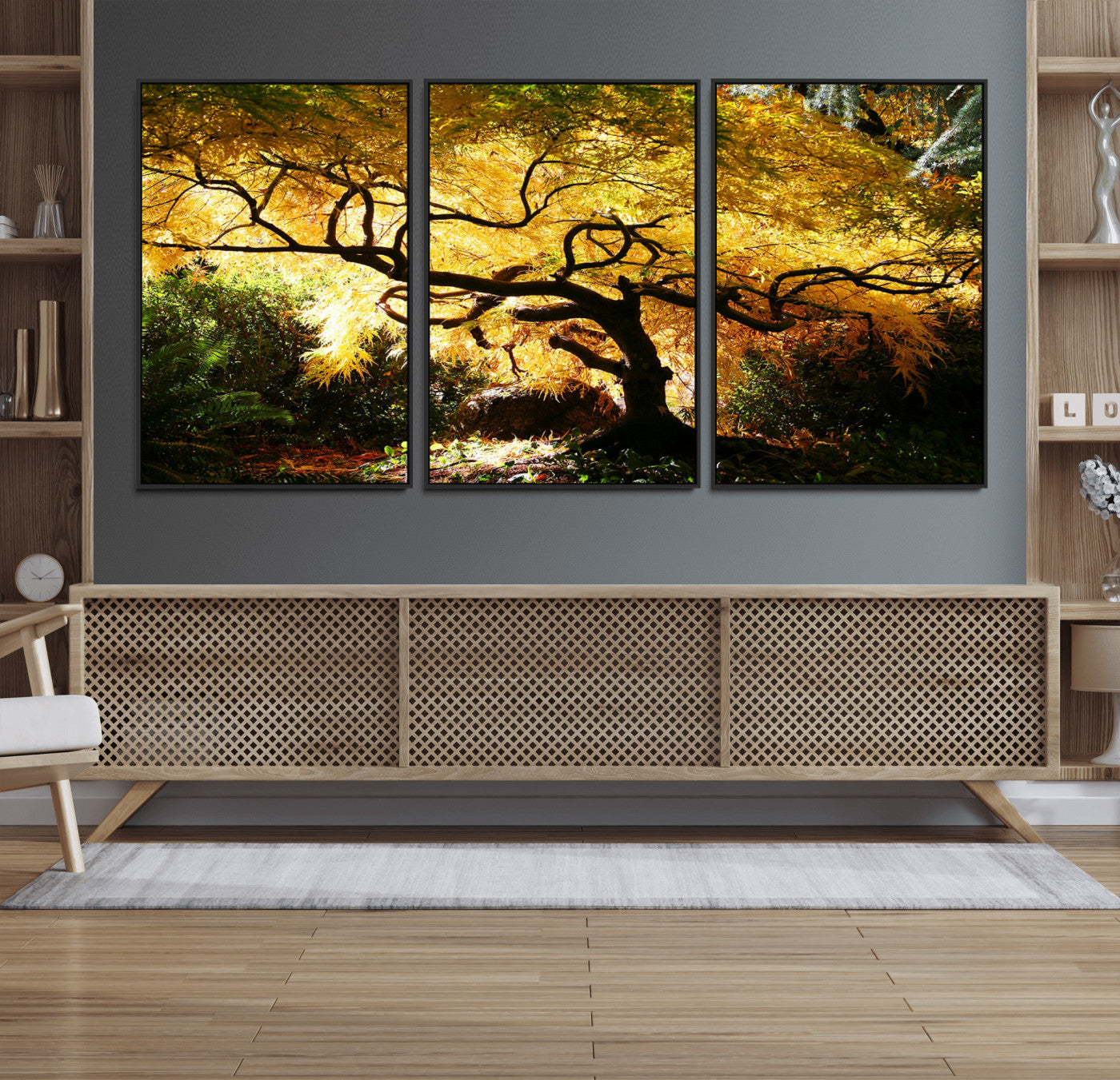 19067-MGV-FC-60X30-3P_Black-Golden Canopy Wall Art – Panoramic Autumn Tree Canvas Print, Warm Seasonal Decor for Living Room, Office or Garden Space