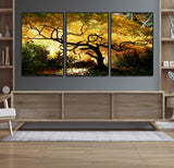 19067-MGV-FC-60X30-3P_Black-Golden Canopy Wall Art – Panoramic Autumn Tree Canvas Print, Warm Seasonal Decor for Living Room, Office or Garden Space