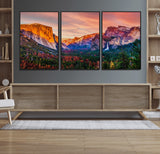 24519-MGV-FC-60X30-3P_Black-Yosemite Valley Sunset Wall Art – Majestic Mountain Landscape with Waterfall and Vibrant Sky, Nature Photography for Home or