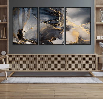 24068-MGV-FC-60X30-3P_Black-Luxury Abstract Wall Art – Gold & Gray Fluid Ink Painting Canvas, Modern Metallic Home Decor, Elegant Office or Living Room Accent